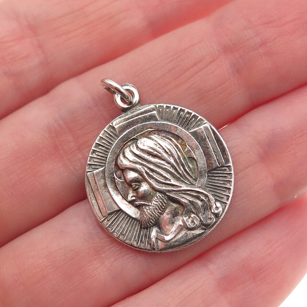 Hayward 925 Sterling Silver Antique Art Deco Jesus Episcopalian Oxidized Pendant